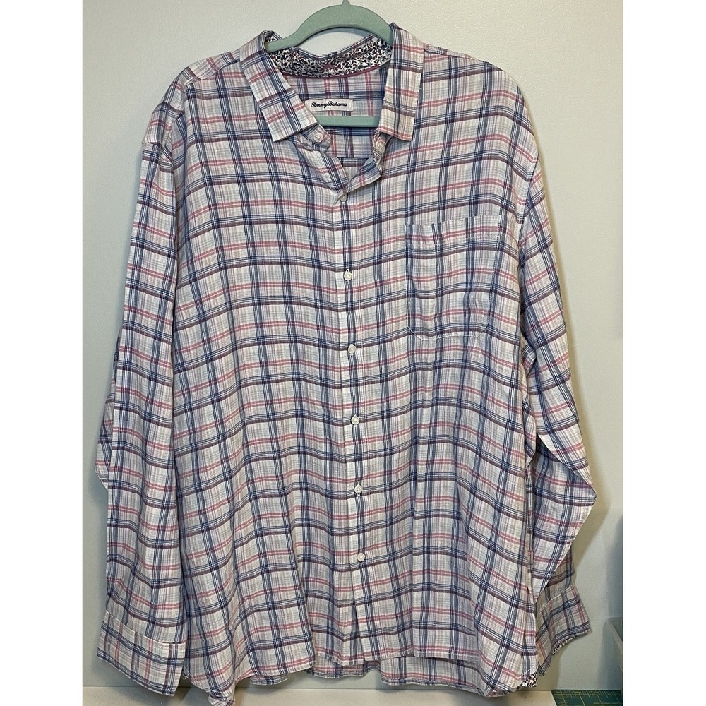 Tommy Bahama 100% Linen Shirt Mens XXL Pink‎ Blue Striped Button Up Long Sleeve